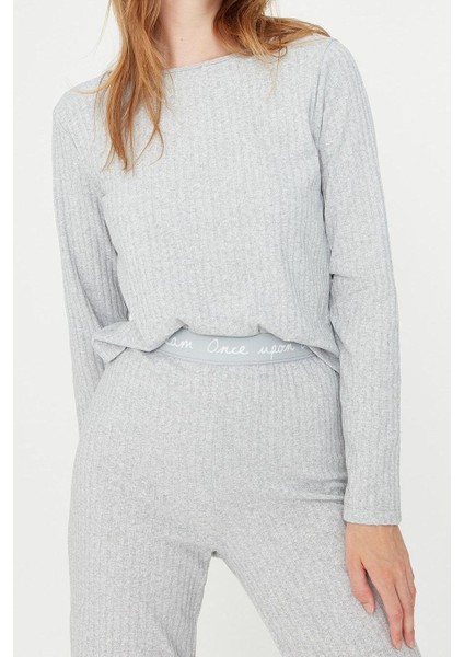 Kadın Moda Şık Bisiklet Yaka Geniş Paça Uzun Kol Lastikli Fitilli Örme Pijama Takımı