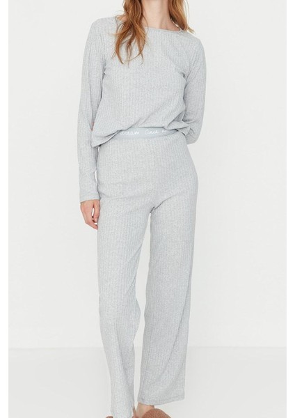 Kadın Moda Şık Bisiklet Yaka Geniş Paça Uzun Kol Lastikli Fitilli Örme Pijama Takımı