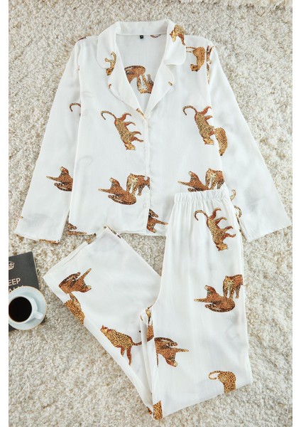 Kadın Moda Şık Gömlek Yaka Boru Paça Uzun Kol Kaplan Desenli Viskon Dokuma Pijama Takımı