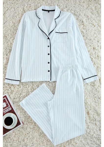 Kadın Moda Şık Gömlek Yaka Geniş Paça Uzun Kol Pamuklu Çizgili Biyeli Örme Pijama Takımı