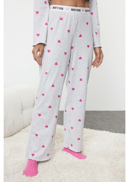 Kadın Moda Şık Bisiklet Yaka Geniş Paça Uzun Kol Kalpli Baskılı Lastikli Örme Pijama Takımı modelleri