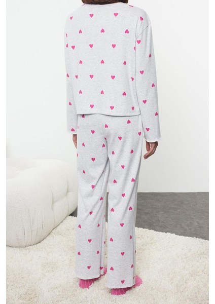 Kadın Moda Şık Bisiklet Yaka Geniş Paça Uzun Kol Kalpli Baskılı Lastikli Örme Pijama Takımı fırsatları