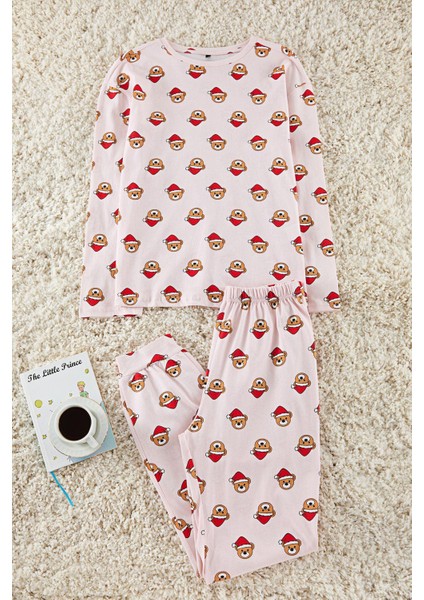 Kadın Bisiklet Yaka Lastikli Paça Uzun Kol Pamuklu Ayıcık Yılbaşı Temalı Örme Pijama Takımı