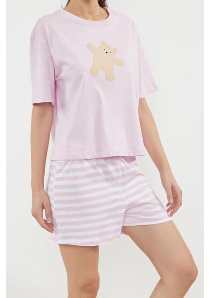 Kadın Moda Şık Bisiklet Yaka Boru Paça Kısa Kol Pamuklu Ayıcık Baskılı Örme Pijama Takımı