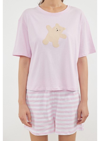 Kadın Moda Şık Bisiklet Yaka Boru Paça Kısa Kol Pamuklu Ayıcık Baskılı Örme Pijama Takımı