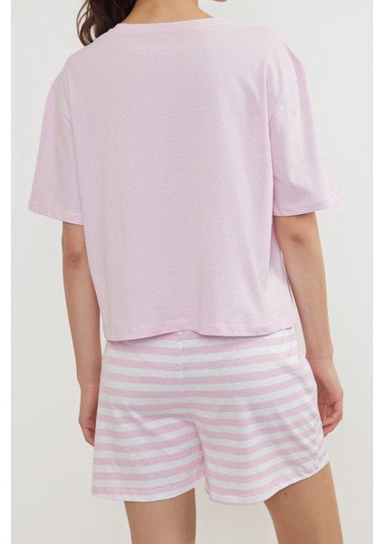 Kadın Moda Şık Bisiklet Yaka Boru Paça Kısa Kol Pamuklu Ayıcık Baskılı Örme Pijama Takımı