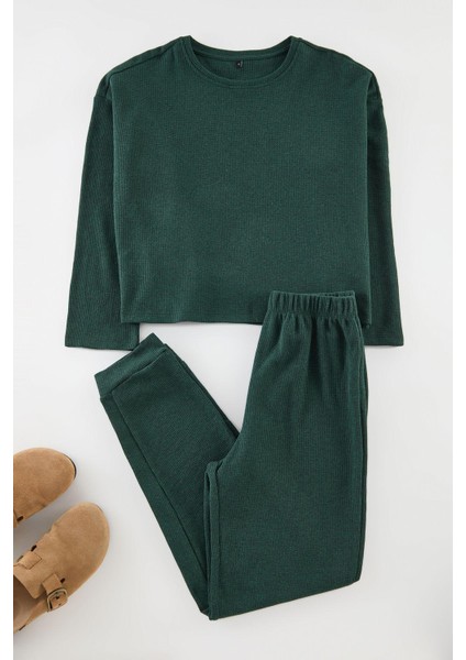 Kadın Moda Şık Bisiklet Yaka Boru Paça Uzun Kol Waffle Kumaş Örme Pijama Takımı