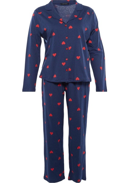 Tarz Rahat Büyük Beden Uzun Kollu Geniş Paça Kalpli Örme Pijama Takımı