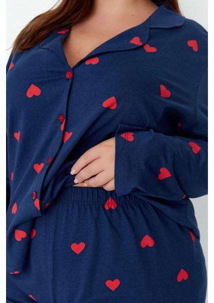 Tarz Rahat Büyük Beden Uzun Kollu Geniş Paça Kalpli Örme Pijama Takımı