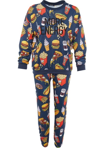 Kadın Moda Şık Bisiklet Yaka Boru Paça Uzun Kol Nakışlı Desenli Sweatshirt-Jogger Örme Pijama Takımı