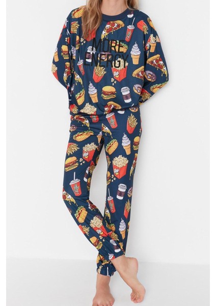 Kadın Moda Şık Bisiklet Yaka Boru Paça Uzun Kol Nakışlı Desenli Sweatshirt-Jogger Örme Pijama Takımı fiyatları