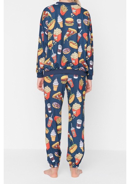 Kadın Moda Şık Bisiklet Yaka Boru Paça Uzun Kol Nakışlı Desenli Sweatshirt-Jogger Örme Pijama Takımı modelleri