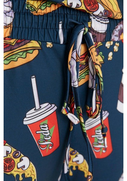 Kadın Moda Şık Bisiklet Yaka Boru Paça Uzun Kol Nakışlı Desenli Sweatshirt-Jogger Örme Pijama Takımı fırsatları