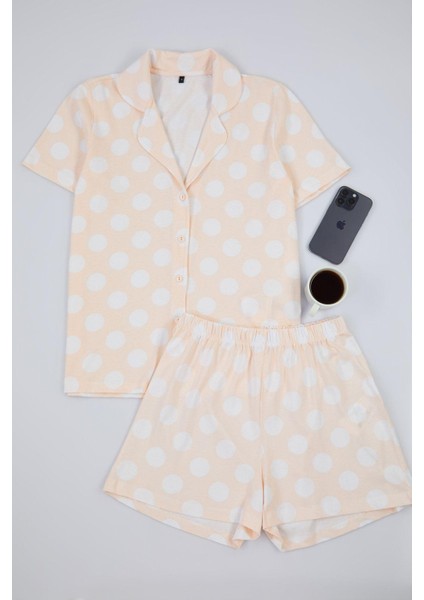 Kadın Moda Şık Gömlek Yaka Boru Paça Uzun Kol Pamuklu Puantiyeli Gömlek-Şort Örme Pijama Takımı