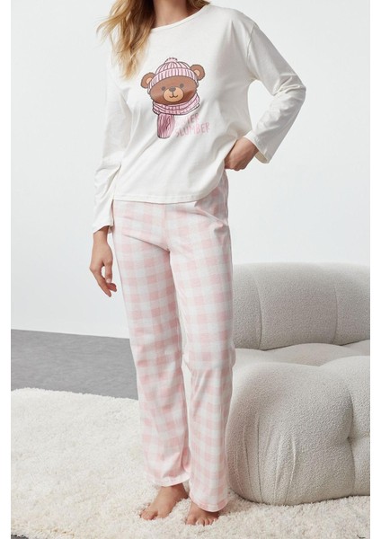 Kadın Moda Bisiklet Yaka Geniş Paça Uzun Kol Pamuklu Ayıcık Baskılı Ekoseli Örme Pijama Takımı