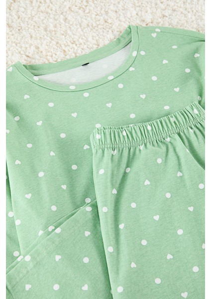 Tarz Rahat Büyük Beden Uzun Kollu Boru Paça Kalp ve Puantiye Desenli Örme Pijama Takımı