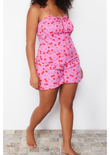 Tarz Rahat Büyük Beden Uzun Kollu Boru Paça Pamuklu Kirazlı Örme Pijama Takımı