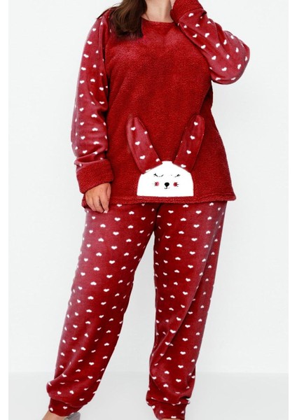Tarz Rahat Büyük Beden Uzun Kollu Dar Paça Kalpli Polar Örme Pijama Takımı fırsatları