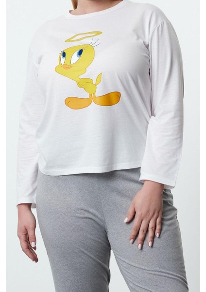 Tarz Rahat Büyük Beden Uzun Kollu Boru Paça Tweety Örme Pijama Takımı