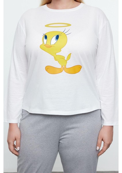 Tarz Rahat Büyük Beden Uzun Kollu Boru Paça Tweety Örme Pijama Takımı
