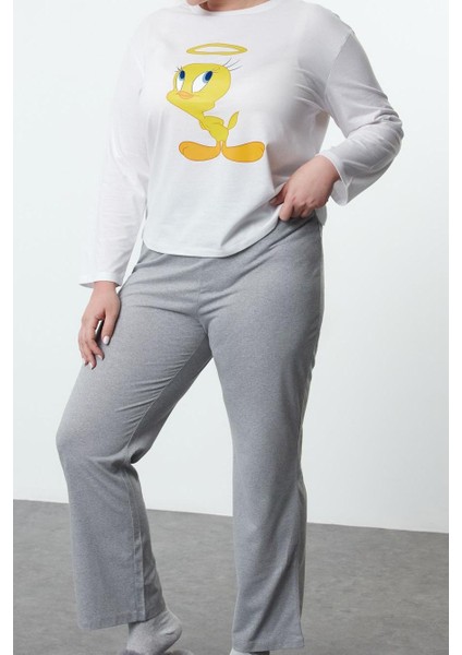 Tarz Rahat Büyük Beden Uzun Kollu Boru Paça Tweety Örme Pijama Takımı