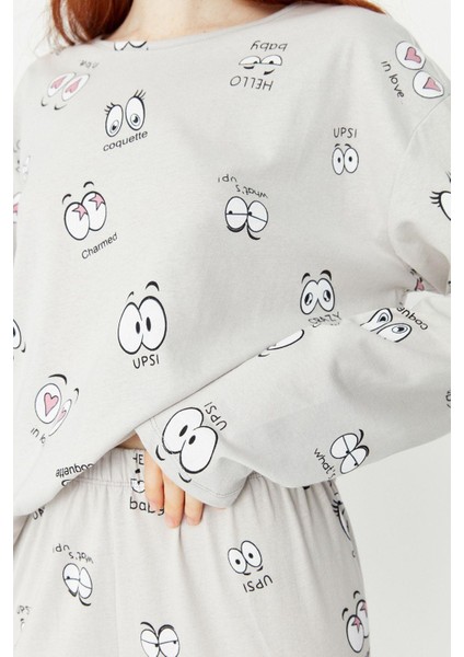 Tarz Rahat Uzun Kollu Boru Paça Pamuklu Göz Desenli T-Shirt-Jogger Örme Pijama Takımı