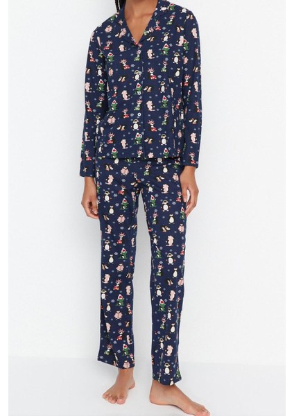 Tarz Rahat Uzun Kollu Boru Paça Pamuk Penguen Desenli Kış Temalı Örme Pijama Takımı