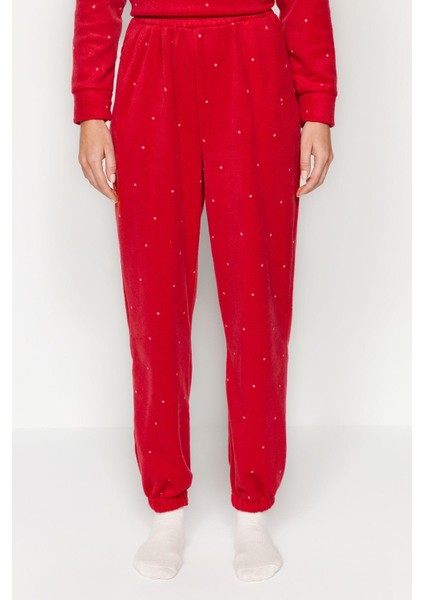 Tarz Rahat Uzun Kollu Boru Paça Kırmızı Puantiyeli Polar Kışlık Örme Pijama Takımı