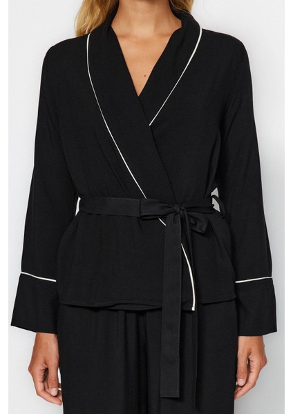 Tarz Rahat Uzun Kollu Boru Paça Kuşaklı Biyeli Viskon Dokuma Pijama Takımı fiyatları