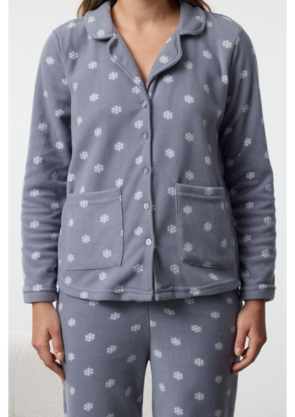 Tarz Rahat Uzun Kollu Boru Paça Gri Kış Temalı Cepli Polar Kışlık Örme Pijama Takımı