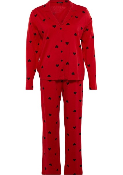 Tarz Rahat Büyük Beden Uzun Kollu Geniş Paça Kalpli Örme Pijama Takımı fırsatları
