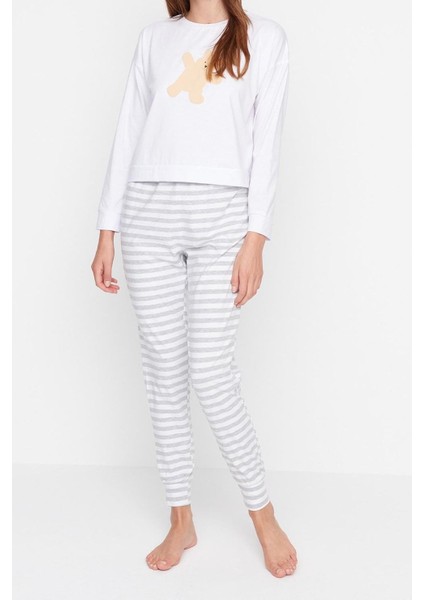 Kadın Moda Şık Bisiklet Yaka Lastikli Paça Uzun Kol Pamuklu Ayıcık Baskılı Örme Pijama Takımı