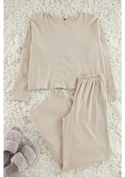 Kadın Moda Şık Bisiklet Yaka Geniş Paça Uzun Kol Fitilli Örme Pijama Takımı