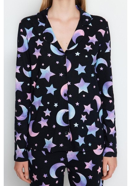 Tarz Rahat Uzun Kollu Boru Paça Pamuk Galaksi Desenli Gömlek-Pantolon Pijama Takımı