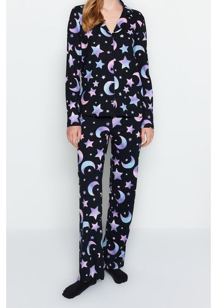 Tarz Rahat Uzun Kollu Boru Paça Pamuk Galaksi Desenli Gömlek-Pantolon Pijama Takımı