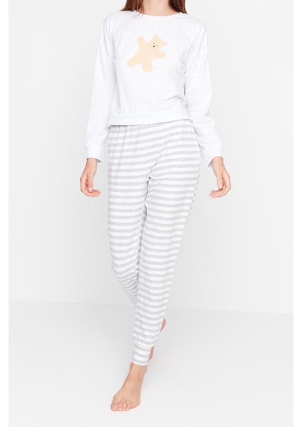Tarz Rahat Uzun Kollu Lastikli Paça Pamuklu Ayıcık Baskılı Örme Pijama Takımı