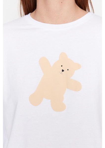 Tarz Rahat Uzun Kollu Lastikli Paça Pamuklu Ayıcık Baskılı Örme Pijama Takımı