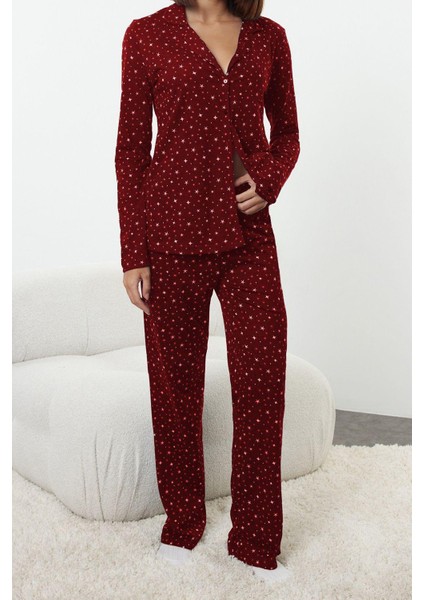 Tarz Rahat Uzun Kollu Geniş Paça %100 Pamuklu Galaksi Desenli Örme Pijama Takımı