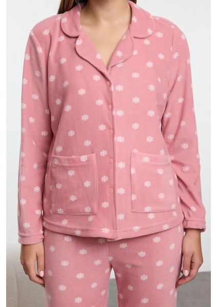 Tarz Rahat Uzun Kollu Boru Paça Kış Temalı Cepli Polar Kışlık Örme Pijama Takımı
