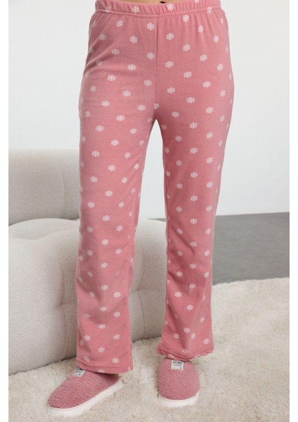 Tarz Rahat Uzun Kollu Boru Paça Kış Temalı Cepli Polar Kışlık Örme Pijama Takımı