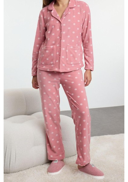 Tarz Rahat Uzun Kollu Boru Paça Kış Temalı Cepli Polar Kışlık Örme Pijama Takımı