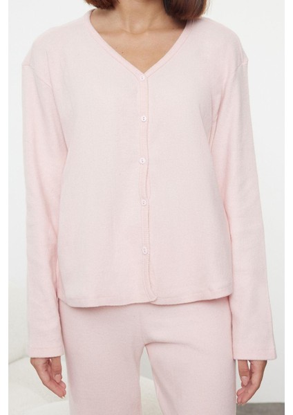 Tarz Rahat Uzun Kollu Boru Paça Fırçalı Soft Fitilli Hırka Örme Pijama Takımı