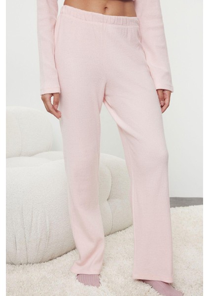 Tarz Rahat Uzun Kollu Boru Paça Fırçalı Soft Fitilli Hırka Örme Pijama Takımı