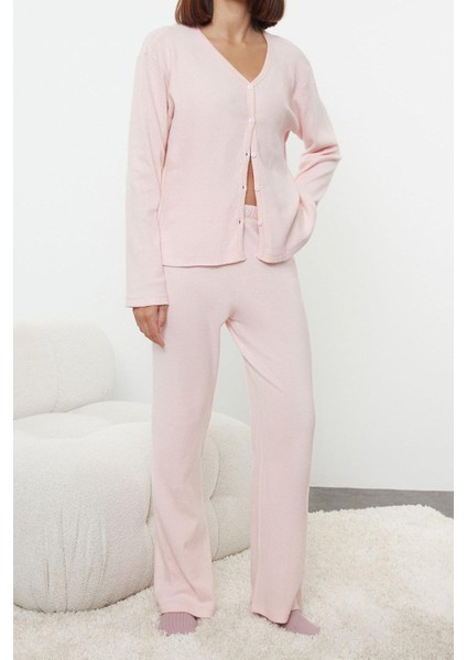 Tarz Rahat Uzun Kollu Boru Paça Fırçalı Soft Fitilli Hırka Örme Pijama Takımı