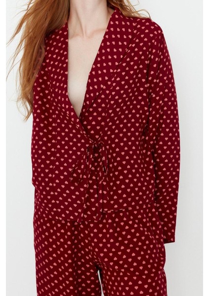 Tarz Rahat Uzun Kollu Boru Paça Kalp Desenli Bağlama Detaylı Viskon Dokuma Pijama Takımı