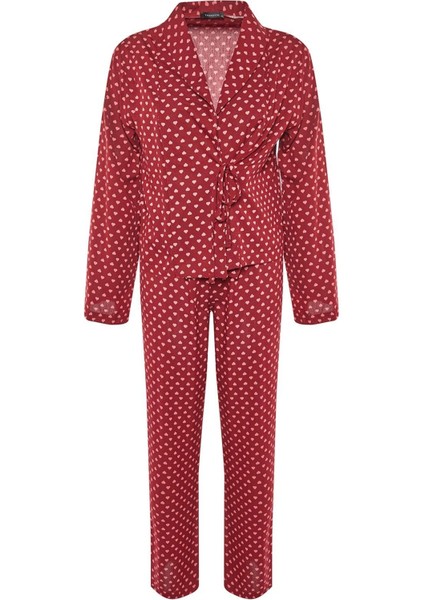 Tarz Rahat Uzun Kollu Boru Paça Kalp Desenli Bağlama Detaylı Viskon Dokuma Pijama Takımı fırsatları