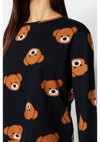 Tarz Rahat Uzun Kollu Boru Paça Pamuklu Ayıcık Desenli Örme Pijama Takımı