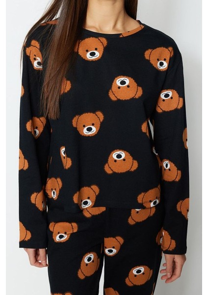 Tarz Rahat Uzun Kollu Boru Paça Pamuklu Ayıcık Desenli Örme Pijama Takımı