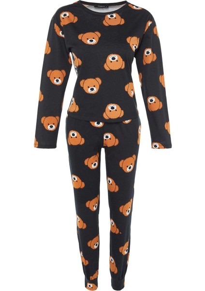 Tarz Rahat Uzun Kollu Boru Paça Pamuklu Ayıcık Desenli Örme Pijama Takımı