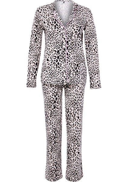 Tarz Rahat Uzun Kollu Boru Paça Leopar Desenli Kurdele Fiyonklu Biyeli Gömlek Pantolon Pijama Takımı fırsatları